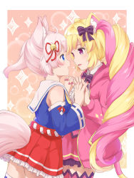 Rule 34 | 2girls, ahoge, animal ears, bell, blonde hair, blue eyes, blush, border, breasts, cat ears, cat girl, fox ears, fox girl, fox tail, hair bell, hair ornament, highres, holding hands, howan (show by rock!!), interlocked fingers, long hair, looking at another, machikado, mashima himeko (show by rock!!), multicolored hair, multiple girls, open mouth, pink hair, purple eyes, show by rock!!, simple background, small breasts, smile, tail, thighhighs, twintails, very long hair, white border, yuri