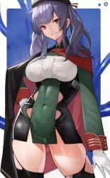 Rule 34 | 1girl, azur lane, bad id, bad pixiv id, beret, black hat, black thighhighs, blush, bra visible through clothes, breasts, cape, commentary request, covered navel, garter straps, gloves, hair ribbon, hand on own hip, hat, head tilt, highres, large breasts, looking at viewer, midriff peek, parted lips, pola (azur lane), purple hair, red eyes, ribbon, sidelocks, skindentation, smile, solo, standing, striped ribbon, teeth, thighhighs, thighs, twintails, uniform, white gloves, yoshio (55level)