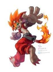 Rule 34 | :d, anklet, belt, black belt, chinese commentary, claws, digimon, digimon (creature), earrings, fiery tail, flamon, full body, furry, green eyes, highres, jewelry, leg up, open mouth, orange hair, outstretched arms, pants, pointy ears, red pants, simple background, smile, solo, spread arms, tail, teeth, twitter username, upper teeth only, white background, youzaiyouzai112