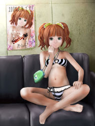 Rule 34 | 1girl, bikini, brown hair, casual nudity, couch, green eyes, highres, idolmaster, idolmaster (classic), looking at viewer, navel, nude, orange hair, poster (medium), poster (object), pouch, scrunchie, sitting, smile, solo, striped bikini, striped clothes, swimsuit, takatsuki yayoi, tears, twintails, zi-dabu