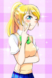Rule 34 | 1girl, absurdres, ayase eli, blonde hair, blue eyes, blue skirt, blush, bow, bowtie, buttons, collared shirt, earrings, green bow, green bowtie, hair bow, highres, huge filesize, jewelry, loafers, long hair, looking at viewer, love live!, love live! school idol project, neckwear request, one eye closed, otonokizaka school uniform, pleated skirt, ponytail, ryopa, school uniform, scrunchie, shirt, shoes, short hair, short sleeves, skirt, smile, solo, striped bow, striped bowtie, striped clothes, striped neckwear, sweater vest, vest, white scrunchie