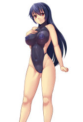 Rule 34 | 1girl, bad id, bad pixiv id, bare shoulders, blue hair, breasts, clenched hand, clothing cutout, collarbone, covered erect nipples, covered navel, female focus, halterneck, hand on own chest, highleg, highleg swimsuit, highres, large breasts, long hair, looking at viewer, navel, one-piece swimsuit, original, red eyes, side cutout, simple background, skin tight, smile, solo, swimsuit, very long hair, vuccha, white background