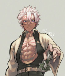 Rule 34 | 1boy, abs, belt, closed mouth, demon slayer uniform, facial scar, frown, grey background, grey hair, hair between eyes, hand on hilt, haori, jacket, japanese clothes, katana, kimetsu no yaiba, krit, looking at viewer, looking down, male focus, navel, pectorals, purple eyes, scar, scar on cheek, scar on chest, scar on face, scar on forehead, scar on nose, shinazugawa sanemi, short hair, simple background, solo, spiked hair, sword, twitter username, upper body, weapon, white jacket