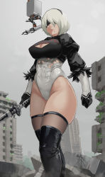 Rule 34 | 1girl, black blindfold, black footwear, black hairband, black thighhighs, blindfold, boots, breasts, building, clothing cutout, covered eyes, feather-trimmed sleeves, grey sky, hairband, high heel boots, high heels, highleg, highleg leotard, highres, juliet sleeves, large breasts, leotard, long sleeves, mole, mole under mouth, nier:automata, nier (series), osagirisu, outdoors, puffy sleeves, ruins, sky, solo, thigh boots, thighhighs, thighhighs under boots, thong leotard, white hair, white leotard, 2b (nier:automata)