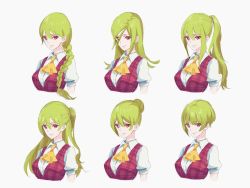 Rule 34 | 1girl, alternate hair length, alternate hairstyle, ascot, braid, braided ponytail, breasts, closed mouth, collared shirt, commentary request, cropped torso, flower, french braid, green hair, hair between eyes, hair ornament, highres, kazami yuuka, large breasts, long hair, looking at viewer, multiple views, plaid, plaid vest, ponytail, puffy short sleeves, puffy sleeves, red eyes, shirt, short hair, short sleeves, sidelocks, simple background, smile, tohoyuukarin, touhou, vest, white background, white shirt, wing collar, yellow ascot