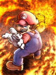 Rule 34 | 1boy, absurdres, arm up, blue eyes, facial hair, fire, fire, gloves, hat, highres, looking at viewer, mario, mario (series), mustache, nintendo, serious, sideburns, solo, standing, super mario bros. 1, super smash bros.