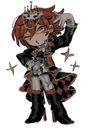 Rule 34 | 1boy, black coat, black footwear, blue eyes, boots, checkered clothes, chibi, coat, crown, ensemble stars!, full body, glasses, gloves, hand on own hip, high heel boots, high heels, looking at viewer, military uniform, one eye closed, open mouth, pants, red hair, saegusa ibara, short hair, solo, standing, star (symbol), uniform, ureyyyyy, white background, white gloves, white pants, wonder game (ensemble stars!)