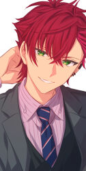 Rule 34 | 1boy, collared shirt, commentary request, diagonal-striped clothes, diagonal-striped necktie, ear piercing, earrings, green eyes, hand on own head, hand up, helios rising heroes, highres, jewelry, lapels, looking at viewer, male focus, necktie, notched lapels, otori akira, partial commentary, piercing, red hair, sekina, shirt, short hair, simple background, smile, solo, striped clothes, stud earrings, teeth, upper body, white background