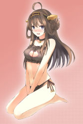Rule 34 | 1girl, :d, ahoge, bare arms, bare legs, bare shoulders, barefoot, bell, between legs, black bra, black neckwear, black panties, blush, bra, breasts, brown hair, cat cutout, cat ear panties, cat lingerie, choker, cleavage, cleavage cutout, clothing cutout, collarbone, frilled bra, frills, full body, hair bun, hand between legs, headgear, highres, jingle bell, kantai collection, kongou (kancolle), long hair, looking at viewer, meme attire, myuto (advent retribution), navel, neck bell, nose blush, open mouth, own hands together, panties, purple eyes, seiza, side-tie panties, single hair bun, sitting, smile, solo, stomach, underwear, underwear only, v arms