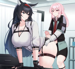 Rule 34 | 1boy, 1girl, :q, absurdres, animal ears, ansel (arknights), arknights, bent over, black gloves, black hair, black shorts, blaze (arknights), blue eyes, blush, breasts, censored, cleavage, closed mouth, commentary, crossed bangs, english commentary, fingerless gloves, gloves, hairband, highres, indoors, kanta (kanta 077), large breasts, long sleeves, looking back, mosaic censoring, necktie, penis, pink hair, red hairband, red necktie, shirt, shorts, single thighhigh, smile, thigh strap, thighhighs, thighs, tongue, tongue out, trap, white gloves, white shirt, white thighhighs