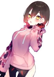 Rule 34 | 1girl, absurdres, blush, brown hair, chiyomaru (yumichiyo0606), cowboy shot, hair between eyes, highres, hololive, hood, hoodie, long sleeves, looking at viewer, medium hair, multicolored hair, open mouth, pink hoodie, red hair, roboco-san, roboco-san (hoodie), simple background, sleeves past wrists, solo, two-tone hair, virtual youtuber, white background, yellow eyes
