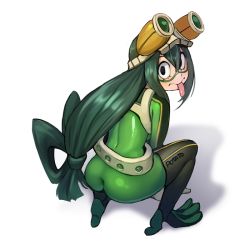 Rule 34 | 10s, 1girl, :&gt;, artist name, ass, asui tsuyu, bad id, bad pixiv id, belt, black eyes, black hair, blush, bodysuit, boku no hero academia, eyelashes, frog girl, from above, from behind, gloves, goggles, goggles on head, hair between eyes, hair rings, jagaimo (kkamja), long hair, looking back, low-tied long hair, monster girl, shiny clothes, simple background, skin tight, solo, split-toe footwear, squatting, tongue, tongue out, white background