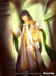 Rule 34 | 1boy, black hair, circlet, copyright name, force of will, gem, green eyes, horns, lamp, leaf, long hair, male focus, official art, solo, sparkle, tomida tomomi
