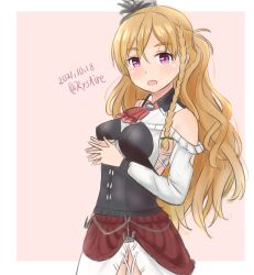 Rule 34 | 1girl, ame-san, bare shoulders, blonde hair, blush, bodice, braid, commentary request, dated, detached sleeves, french braid, highres, kantai collection, long hair, long sleeves, miniskirt, off shoulder, one-hour drawing challenge, open mouth, panties, panty peek, purple eyes, red skirt, shirt, skirt, solo, striped clothes, striped panties, twitter username, underwear, wavy hair, white shirt, zara (kancolle)