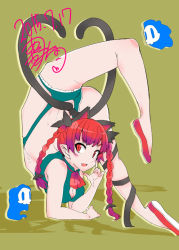 Rule 34 | 1girl, animal ears, ayakase riberi, blush, cat ears, cat tail, cleavage cutout, clothing cutout, dated, fang, flexible, ghost, gymnastics, kaenbyou rin, multiple tails, plantar flexion, pointing, red eyes, red hair, rhythmic gymnastics, signature, simple background, solo, tail, thighs, touhou, two tails