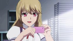 Rule 34 | 10s, 1girl, aiba asagi, animated, animated gif, blonde hair, camera flash, camera phone, cellphone, female focus, holding, indoors, long hair, lowres, phone, pink eyes, solo, strike the blood