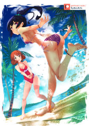 Rule 34 | 2girls, ankleband, ass, bare legs, bare shoulders, barefoot, beach, beach volleyball, bikini, bird, black hair, blue sky, blush, breasts, brown eyes, brown hair, cloud, collarbone, day, feet, frilled swimsuit, frills, full body, hibike! euphonium, highres, kousaka reina, large breasts, long hair, looking at viewer, medium breasts, multiple girls, ocean, one-piece swimsuit, open mouth, oumae kumiko, own hands together, palm tree, purple bikini, purple eyes, red one-piece swimsuit, running, sand, seagull, shade, short hair, side-tie bikini bottom, sky, soles, striped bikini, striped clothes, swimsuit, sydus, thighs, toes, tree, wristband