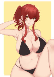 Rule 34 | 1girl, absurdres, armpits, azur lane, bikini, black bikini, breasts, commentary, english commentary, hand in own hair, highres, huge breasts, iza-chan, long hair, looking at viewer, multi-strapped bikini, o-ring, o-ring bikini, official alternate costume, red hair, side ponytail, simple background, skindentation, solo, string bikini, swimsuit, yellow background, yellow eyes, zara (azur lane), zara (poolside coincidence) (azur lane)