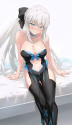 Rule 34 | 1girl, absurdres, bare shoulders, bed, black bow, black dress, black footwear, blue eyes, boots, bow, braid, breasts, center opening, choker, cleavage, collarbone, dress, fate/grand order, fate (series), french braid, grey hair, hair bow, highres, large breasts, long hair, looking at viewer, morgan le fay (fate), okonon (kado colda), on bed, pelvic curtain, ponytail, sidelocks, sitting, solo, thigh boots, thighs, very long hair