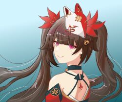 Rule 34 | 1girl, atesariga, backless dress, backless outfit, bare shoulders, bell, black choker, blue background, bow, brown hair, choker, closed mouth, dress, floating hair, fox mask, from side, hair bow, halter dress, halterneck, honkai: star rail, honkai (series), long bangs, looking at viewer, mask, mask on head, neck bell, pink eyes, portrait, red bow, red dress, sidelocks, simple background, sleeveless, sleeveless dress, smile, solo, sparkle (honkai: star rail), twintails