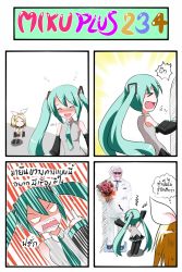Rule 34 | &gt; &lt;, 1boy, 2girls, 4koma, angry, blonde hair, blush, bouquet, catstudioinc (punepuni), colonel sanders, comic, detached sleeves, drunk, closed eyes, flower, formal, fume, green hair, hair ribbon, hatsune miku, highres, kagamine rin, kfc, middle finger, money, multiple girls, necktie, old, old man, open mouth, ribbon, shirt, shorts, smile, suit, sunglasses, sweat, thai text, translation request, twintails, vocaloid, white suit
