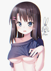 Rule 34 | 1girl, absurdres, animal print, aro 1801, bang dream!, blue eyes, blue shirt, blush, breasts, brown hair, commentary request, crop top, hair ornament, hairclip, hand on breast, highres, large breasts, long hair, looking at viewer, okusawa misaki, open mouth, rabbit print, shirt, short sleeves, signature, single bare shoulder, solo, sweatdrop, underboob, upper body, white background