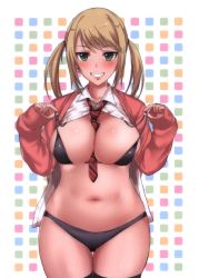 Rule 34 | 1girl, between breasts, bikini, black bikini, black thighhighs, blonde hair, blush, breasts, cowboy shot, demio, dress shirt, green eyes, grin, large breasts, long hair, long sleeves, looking at viewer, loose necktie, navel, necktie, original, partially unbuttoned, scan, shirt, sleeves past wrists, smile, solo, strap pull, striped necktie, striped neckwear, swimsuit, thigh gap, thighhighs, twintails, white shirt