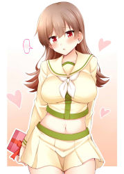 Rule 34 | 1girl, :o, arms behind back, blush, breasts, brown hair, collarbone, cowboy shot, gift, head tilt, heart, holding, holding gift, kantai collection, large breasts, long hair, long sleeves, looking at viewer, midriff, miniskirt, navel, neckerchief, ooi (kancolle), parted lips, pleated skirt, red eyes, red ribbon, ribbon, rui shi (rayze ray), school uniform, serafuku, shirt, skirt, solo, speech bubble, spoken blush, valkyrie, white neckerchief, yellow shirt, yellow skirt