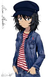 Rule 34 | 10s, 1girl, andou (girls und panzer), artist name, bc freedom (emblem), black eyes, black hair, blue hat, blue jacket, blue pants, bukkuri, cabbie hat, casual, character name, closed mouth, cowboy shot, cursive, dark-skinned female, dark skin, dated, denim, denim jacket, emblem, girls und panzer, hands in pockets, hat, jacket, jeans, light frown, long sleeves, looking at viewer, medium hair, messy hair, open clothes, open jacket, pants, red shirt, shirt, signature, simple background, sketch, solo, standing, striped clothes, striped shirt, white background