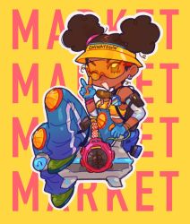 Rule 34 | 1girl, abi (superson1co), afro puffs, animification, apex legends, black hair, bucket hat, cable, chibi, commentary, detached sleeves, double bun, drone, earrings, english commentary, hair bun, hat, jewelry, lifeline (apex legends), mic check lifeline, one eye closed, sitting, smile, solo, sports bra, v, yellow hat, yellow sports bra