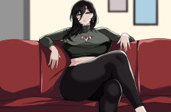 Rule 34 | 1girl, black eyes, black hair, breasts, closed mouth, couch, crossed legs, earrings, hair between eyes, hella p, indoors, jewelry, large breasts, long hair, looking at viewer, midriff, mole, mole under eye, mole under mouth, necklace, on couch, original, sitting, solo, thighs