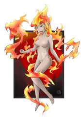 Rule 34 | + +, 1girl, :d, absurdres, breasts, clenched hand, colored skin, fiery hair, fire, fire, full body, grey skin, highres, mon-musu quest!, monster girl, no nipples, no pussy, nude, open mouth, pointy ears, red eyes, salamander (mon-musu quest!), signature, smile, solo, tattoo, thundragon