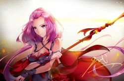 Rule 34 | 1girl, artist request, bare shoulders, breasts, cleavage, forehead, lens flare, long hair, low twintails, polearm, purple eyes, purple hair, quan zhi gao shou, signature, soft mist, solo, spear, twintails, weapon