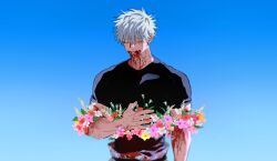 Rule 34 | 1boy, absurdres, alternate body fluid, black shirt, blood, blood from mouth, blood on arm, blood on clothes, blood on face, blood on neck, blue flower, blue sky, closed eyes, colored eyelashes, day, flower, flower censor, gojou satoru, highres, injury, jujutsu kaisen, male focus, orange flower, outdoors, pink flower, red flower, scallopojisan, shirt, short hair, sky, solo, spoilers, tight clothes, tight shirt, white flower, white hair, yellow flower