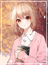 Rule 34 | 1girl, blush, braid, brown eyes, brown hair, collared shirt, dress shirt, dvd case, hair ribbon, highres, holding, long hair, long sleeves, looking at viewer, original, parted lips, pink sweater, red ribbon, ribbon, se.a, shirt, sleeves past wrists, solo, sweater, tree, upper body, white shirt