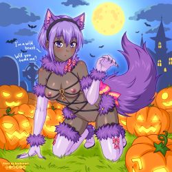 Rule 34 | 1girl, all fours, animal ear fluff, animal ears, artist name, bare shoulders, bat (animal), blush, boots, breasts, burbur, castle, claw pose, claws, cleft of venus, cloud, commentary, cosplay, dark-skinned female, dark skin, elbow gloves, english commentary, english text, fake animal ears, fate/grand order, fate (series), full body, full moon, fur-trimmed boots, fur-trimmed gloves, fur collar, fur trim, gloves, grass, hair between eyes, hairband, halloween, hand up, hassan of serenity (fate), high heel boots, high heels, highres, jack-o&#039;-lantern, looking at viewer, mash kyrielight, mash kyrielight (dangerous beast), mash kyrielight (dangerous beast) (cosplay), medium breasts, mixed-language commentary, moon, navel, night, nipples, official alternate costume, parted lips, pumpkin, purple eyes, purple hair, pussy, revealing clothes, short hair, solo, tail, thigh boots, thighhighs, tombstone, very dark skin, white footwear, white gloves, wolf ears, wolf tail