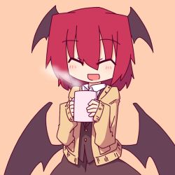 Rule 34 | 1girl, :d, ^ ^, alternate hair length, alternate hairstyle, bat wings, blush, buttons, closed eyes, collared shirt, commentary request, cup, dress shirt, closed eyes, happy, head wings, holding, kakinoki mikan (kari), koakuma, long sleeves, low wings, mug, open mouth, orange background, red hair, shirt, short hair, simple background, skirt, skirt set, smile, solo, steam, sweater, touhou, vest, white shirt, wings