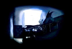 Rule 34 | 1girl, bat wings, blue theme, dark, female focus, from side, hat, highres, indoors, light, looking at viewer, mob cap, railing, remilia scarlet, solo, stairs, touhou, vampire, wings, yoshioka yoshiko