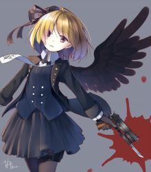 Rule 34 | 1girl, 2016, bayonet, black gloves, black pantyhose, black ribbon, black skirt, black wings, blonde hair, bow, bowtie, buttons, commentary, cowboy shot, dated, eyes visible through hair, feathered wings, gloves, gothic lolita, grey background, gun, hair ornament, hair over one eye, hair ribbon, handgun, holding, holding gun, holding weapon, holster, jacket, lolita fashion, long sleeves, looking at viewer, m1911, makadamixa, necktie, original, outstretched arms, paint splatter, pantyhose, parted lips, pistol, pleated skirt, red eyes, ribbon, short hair, signature, simple background, single wing, skirt, solo, thigh holster, trigger discipline, vest, weapon, wing collar, wings