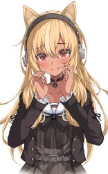 Rule 34 | 1girl, absent, absurdres, animal ears, black choker, blonde hair, blush, bow, bowtie, brown bow, brown bowtie, brown jacket, choker, commentary, dark-skinned female, dark skin, dress, grey dress, hair between eyes, hands up, headphones, highres, hololive, implied extra ears, jacket, long hair, long sleeves, multicolored hair, parted lips, red eyes, sailor collar, shiranui flare, shiranui flare (street), solo, streaked hair, striped clothes, striped dress, vertical-striped clothes, vertical-striped dress, virtual youtuber, white sailor collar