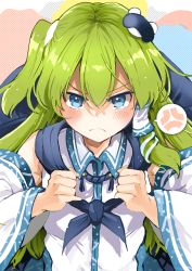 Rule 34 | &gt;:(, 1girl, alternate hairstyle, anger vein, angry, azuma aya, blue cape, blue eyes, blue neckerchief, blue skirt, blush, cape, clenched hands, closed mouth, collared shirt, commentary request, detached sleeves, frog hair ornament, frown, glaring, green hair, hair between eyes, hair ornament, hair tubes, hands up, holding, holding cape, holding clothes, holding neckwear, kochiya sanae, long hair, long sleeves, looking at viewer, neckerchief, one side up, rope, shirt, sidelocks, skirt, sleeveless, sleeveless shirt, snake hair ornament, solo, speech bubble, spoken anger vein, touhou, upper body, v-shaped eyebrows, very long hair, white shirt, wide sleeves, wing collar