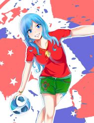 Rule 34 | 1girl, 2018 fifa world cup, ball, blue eyes, blue hair, earrings, fairy tail, green shorts, highres, holding, jewelry, juvia lockser, long hair, necklace, portugal, red shirt, shirt, shorts, smile, soccer, soccer uniform, solo, sportswear, trousers, world cup