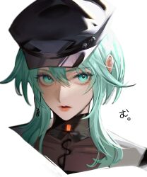 Rule 34 | 1girl, absurdres, black hat, closed mouth, earrings, eyelashes, green eyes, green hair, hair between eyes, hat, highres, jewelry, long hair, looking ahead, military hat, nightingale (path to nowhere), path to nowhere, portrait, serious, sidelocks, simple background, single earring, solo, toho10min, white background