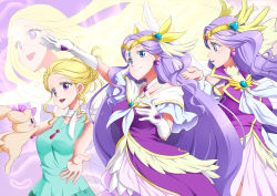 Rule 34 | 1girl, blonde hair, blue eyes, blush, breasts, circlet, collarbone, cure earth, cure earth (healin&#039; good style), dress, earrings, elbow gloves, feathers, fuurin asumi, gloves, green shirt, healin&#039; good precure, highres, jewelry, large breasts, long hair, magical girl, multiple persona, open mouth, precure, purple dress, purple eyes, purple hair, shirt, shiruppo, smile, spoilers, tiara, upper body, very long hair, white gloves, wings