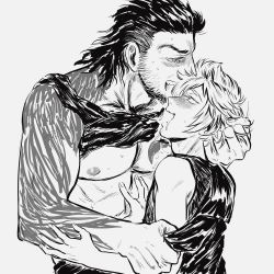 Rule 34 | 10s, 2boys, abs, blush, drooling, final fantasy, final fantasy xv, gladiolus amicitia, male focus, multiple boys, muscular, naughty face, nipples, nyoh0, pectorals, prompto argentum, saliva, smile, sweat, tattoo, undressing, yaoi