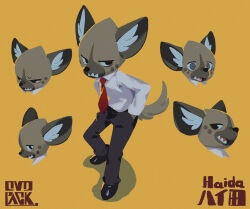 Rule 34 | 1boy, aggressive retsuko, animal ear fluff, black eyes, black footwear, black pants, character name, collared shirt, commentary, expressions, formal, full body, furry, furry male, haida (aggretsuko), hands in pockets, hyena boy, hyena ears, hyena tail, jitome, long sleeves, looking at viewer, male focus, multiple views, murayama ryota, necktie, open mouth, pants, red necktie, sharp teeth, shirt, shoes, simple background, standing, teeth, white shirt, wide-eyed, yellow background