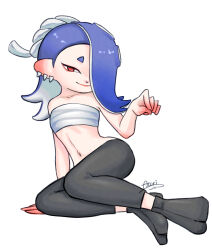 Rule 34 | 1girl, absurdres, atori (a ttori), blue hair, chest sarashi, collarbone, ear piercing, full body, hair over one eye, highres, looking at viewer, nintendo, octoling girl, octoling player character, piercing, pointy ears, red eyes, sarashi, shiver (splatoon), sitting, solo, splatoon (series), splatoon 3, twisted torso, white background