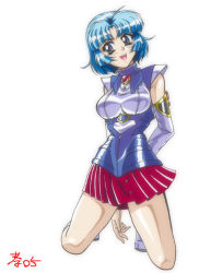 Rule 34 | 1girl, :d, armor, banpresto, bare shoulders, blue eyes, blue hair, blush, brooch, head tilt, jewelry, kneeling, kusuha mizuha, looking at viewer, matching hair/eyes, open mouth, shiny clothes, shoes, skin tight, smile, solo, super robot wars, teeth