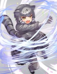 Rule 34 | 1girl, :3, animal ear fluff, animal ears, attack, cat ears, cat girl, cat tail, commentary request, crossed arms, fangs, frilled skirt, frills, full body, fur trim, gloves, grey gloves, grey hair, grey pantyhose, grey skirt, grey sweater, highres, kemono friends, long sleeves, multicolored hair, open mouth, pallas&#039;s cat (kemono friends), pantyhose, short hair, skirt, solo, striped tail, sweater, tadano magu, tail, wavy mouth, yellow eyes