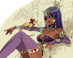 Rule 34 | 1girl, bad id, bad pixiv id, blue hair, bracelet, breasts, bridal gauntlets, choker, circlet, cleavage, dark skin, dark-skinned female, dragon quest, dragon quest ix, egyptian, eyeshadow, hotori takeo, jewelry, large breasts, crossed legs, level-5, makeup, partially colored, purple eyes, queen, queen voluptua, ribbon, short twintails, sitting, skindentation, solo, thighhighs, throne, twintails, ulysses